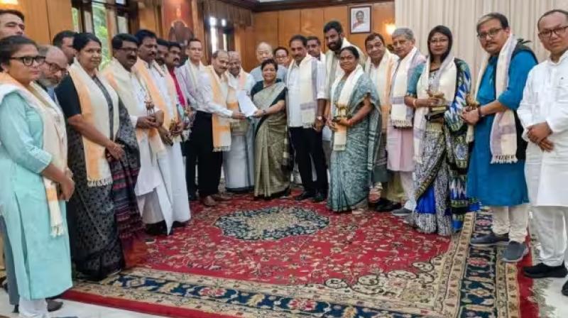 Congress MP Adhir Ranjan Chowdhury, AAP MP Sushil Gupta, TMC MP Sushmita Dev and other members of the Opposition alliance's INDIA delegation submit a memorandum to Manipur Governor Anusuiya Uikey on their observations after visiting the state. (PTI)