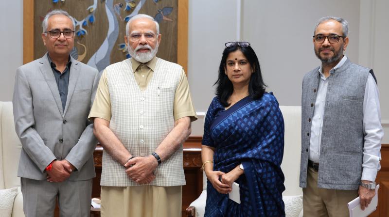 Prime Minister Narendra Modi during an interview with PTI's Editor-in-Chief Vijay Joshi and PTI senior editors Sangita Tewari and Nirmal Pathak, in New Delhi (PTI)