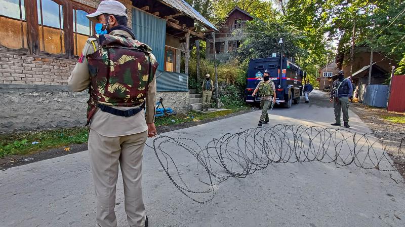 Anantnag: Security personnel near the site of an encounter with terrorists at Kokernag area, in Anantnag district, Sunday, Sept. 17, 2023. (PTI Photo)