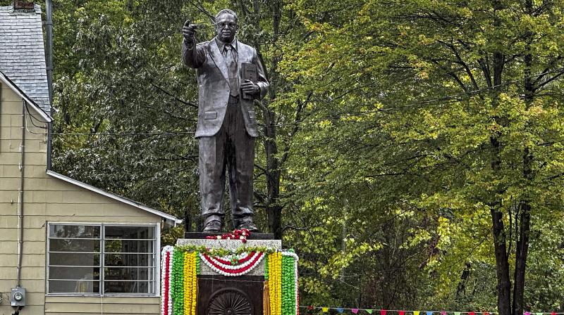 Maryland: A 19-feet tall statue of B.R. Ambedkar during its inauguration, in Maryland, USA, Saturday, Oct. 14, 2023. This statue is the tallest statue of Ambedkar outside India. (PTI Photo)