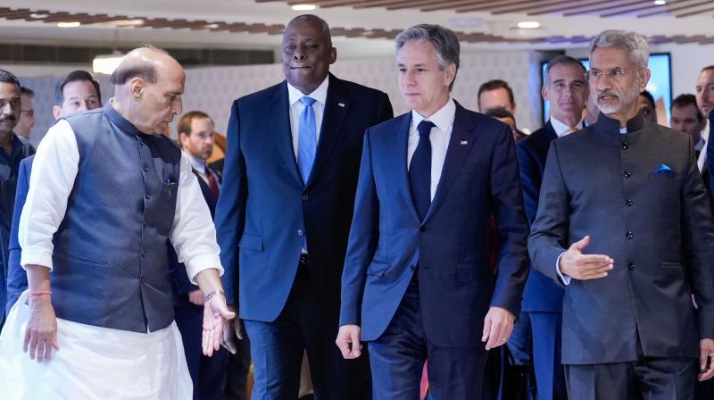 New Delhi: Defence Minister Rajnath Singh and External Affairs Minister S. Jaishankar with US Secretary of State Antony Blinken and US Secretary of Defense Lloyd Austin arrive for a group photo before the 5th India-US 2+2 Ministerial Dialogue, at Sushma Swaraj Bhavan, in New Delhi, Friday, Nov. 10, 2023. (PTI Photo/Kamal Singh)