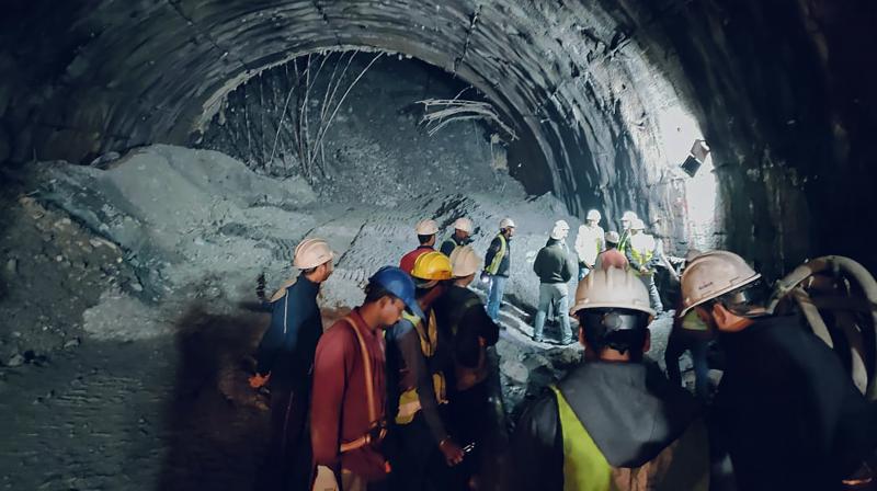 Uttarkashi: Rescue operation underway after a portion of a tunnel under construction between Silkyara and Dandalgaon on the Brahmakhal-Yamunotri national highway collapsed, in Uttarkashi district, Sunday, Nov. 12, 2023. Around 40 workers are feared trapped. (PTI Photo)