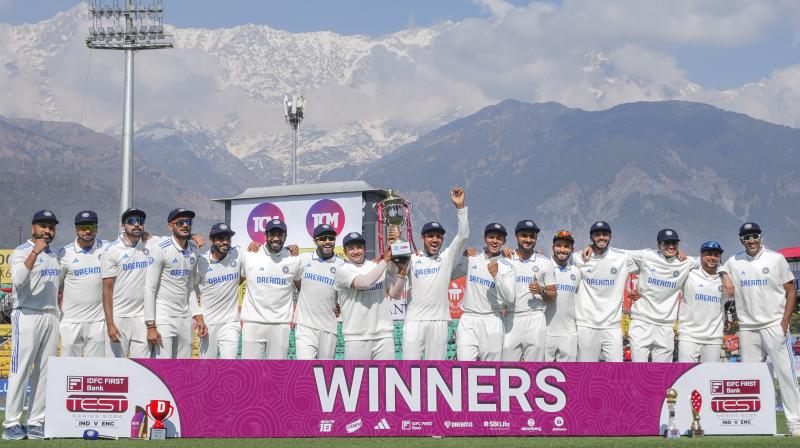 Dharamsala: Indian players celebrate with trophy after winning the fifth Test cricket match over England, in Dharamsala, Saturday, March 9, 2024. India win the five-match series 4-1. (PTI Photo/Shahbaz Khan) 