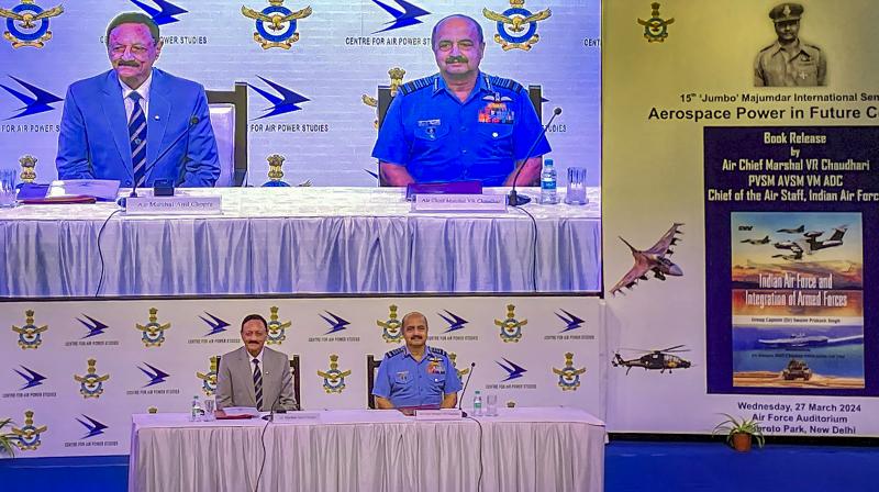 New Delhi: Chief of Air Staff Air Chief Marshal VR Chaudhari with Air Marshal Anil Chopra at a seminar at Subroto Park, in New Delhi, Wednesday, March 27, 2024. (PTI Photo/Kunal Dutt)