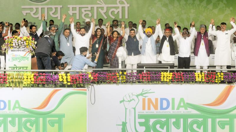 Ranchi: Leaders of Indian National Developmental Inclusive Alliance (INDIA) during 'Ulgulan Nyay' rally, in Ranchi, Sunday, April 21, 2024. (PTI Photo)