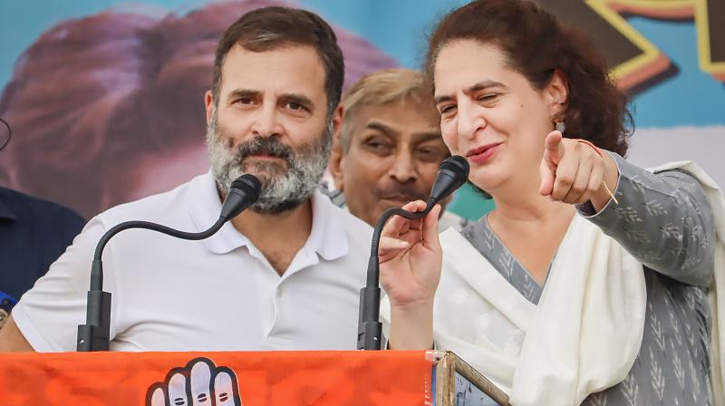 Raebareli: Congress leaders Rahul Gandhi and Priyanka Gandhi during a public meeting for Lok Sabha elections, at Maharajganj in Raebareli, Monday, May 13, 2024. (PTI Photo)