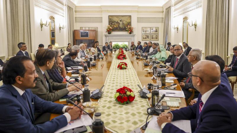 New Delhi: Prime Minister Narendra Modi with Prime Minister of Bangladesh Sheikh Hasina and other dignitaries during a delegation-level meeting, in New Delhi, Saturday, June 22, 2024. (PTI Photo)