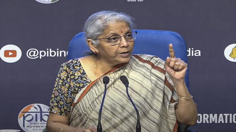 New Delhi: Union Finance Minister Nirmala Sitharaman addresses a press conference after the 53rd GST Council Meeting, in New Delhi, Saturday, June 22, 2024. (PTI Photo)