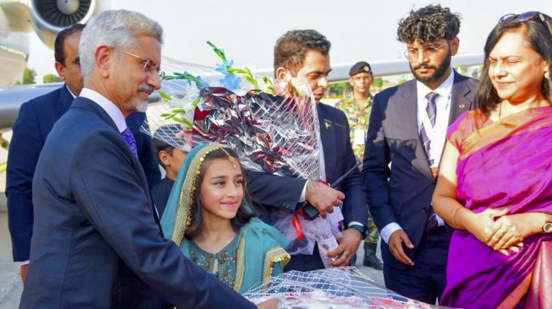 Islamabad: External Affairs Minister S. Jaishankar being welcomed upon his arrival in Islamabad, Pakistan, Tuesday, Oct. 15, 2024. Jaishankar will take part in SCO Council of Heads of Government Meeting. (PTI Photo)