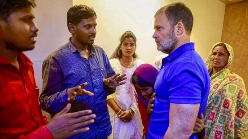 Congress leader Rahul Gandhi meets family of Somnath Suryavanshi who allegedly died in police custody following violence, in Parbhani district, Maharashtra. (PTI Photo)
