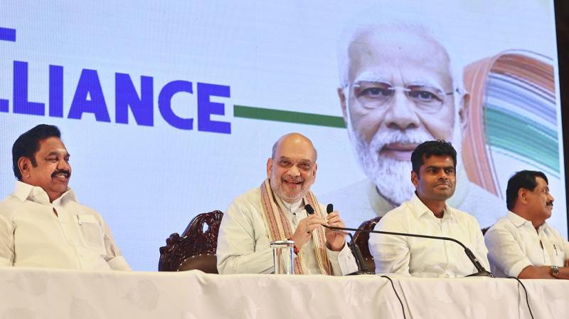 Chennai: Union Home Minister Amit Shah with AIADMK general secretary Edappadi K Palaniswami and Tamil Nadu BJP President K Annamalai during a press conference, in Chennai, Friday, April 11, 2025. AIADMK and BJP announced alliance for Tamil Nadu's 2026 polls while Nainar Nagendran is all set to become the next state chief of the BJP, succeeding K Annamalai. (PTI Photo)