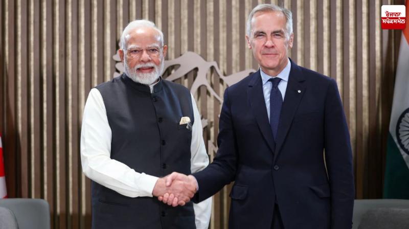 Indian Prime Minister Narendra Modi (left) meets Prime Minister of Canada Mark Carney on the sidelines of the G7 Summit at Kananaskis, in Alberta, Canada