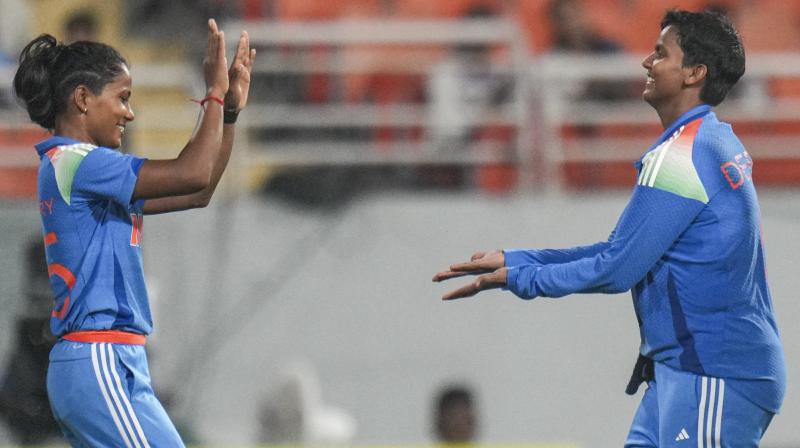 New Chandigarh: India's Deepti Sharma with teammate celebrates the wicket of Australia's Ashleigh Gardner during the second ODI cricket match of a series between India Women and Australia Women, in New Chandigarh, Wednesday, Sept. 17, 2025. (PTI Photo/Kamal Kishore)