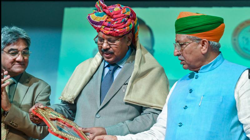Bikaner: Chief Justice of India B.R. Gavai with Union Ministers of State for Law and Justice (Independent Charge) Arjun Ram Meghwal during a programme at Maharaja Ganga Singh University, in Bikaner, Saturday, Sept. 20, 2025. (PTI Photo)