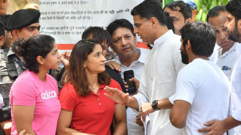 Sachin Pilot meets protesting wrestlers at Jantar Mantar