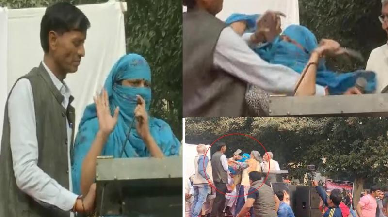 Delhi: Woman beats man with slippers on stage