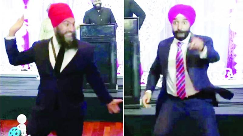 Jagmeet Singh and Navdeep Bains Performing Bhangra