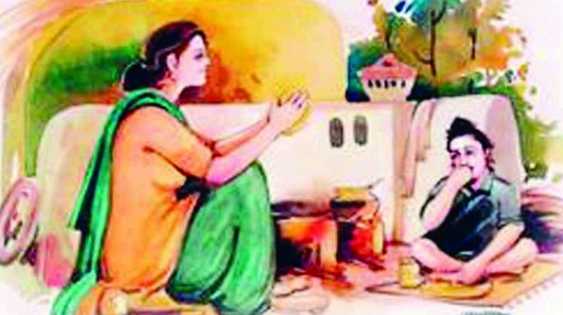 Mother giving Food to his Son