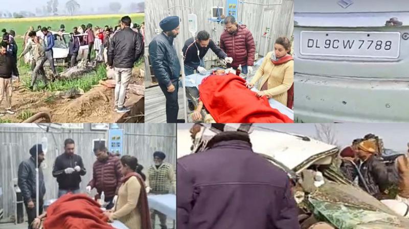 A car overturned in a field after hitting a tree in Abohar accident News in punjabi 