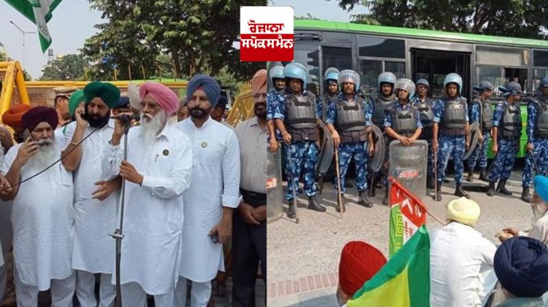 After being stopped by the police, the farmers staged a sit-in at the gate of the Kisan Bhawan