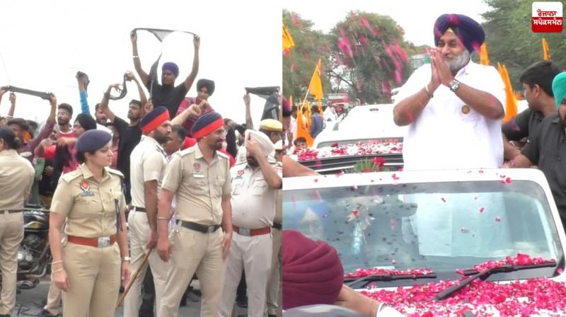 People raise black flags and slogans against Sukhbir Badal at Abohar 