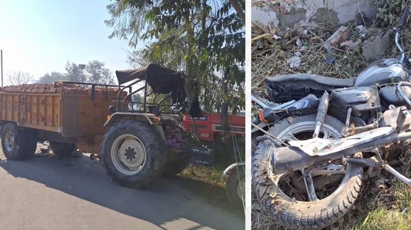 ਟਰੈਕਟਰ ਟਰਾਲੀ ਅਤੇ ਨੁਕਸਾਨਿਆ ਗਿਆ ਮੋਟਰਸਾਈਕਲ ਦੀ ਤਸਵੀਰ