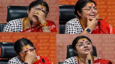 BJP MP Locket Chatterjee breaks down during a presser.