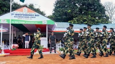 Imphal: Manipur Chief Minister N. Biren Singh salutes a parade on the occasion of the 77th Independence Day, in Imphal, Tuesday, Aug. 15, 2023. (PTI Photo)