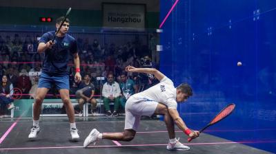 Hangzhou: India's Saurav Ghosal and Pakistan's Muhammad Asim Khan during their men's squash team event final match at the 19th Asian Games, in Hangzhou, China, Saturday, Sept. 30, 2023. (PTI Photo/Shailendra Bhojak)
