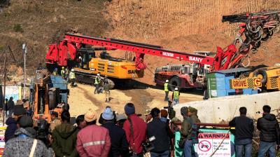 Uttarkashi: A vertical drilling machine near the under-construction Silkyara tunnel during the rescue operation of 41 workers trapped inside the tunnel, in Uttarkashi district, Saturday, Nov. 25, 2023. (PTI Photo/Arun Sharma)