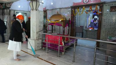 New Delhi: BJP National President JP Nadda during a cleanliness drive at Guru Ravidas Mandir ahead of the Pran Pratishtha of Ram Lala, in New Delhi, Sunday, Jan. 14, 2024. (PTI Photo/Kamal Singh)