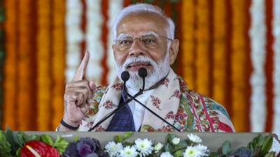 Jammu: Prime Minister Narendra Modi addresses during the foundation stone laying of multiple development projects, in Jammu, Tuesday, Feb. 20, 2024. (PTI Photo)