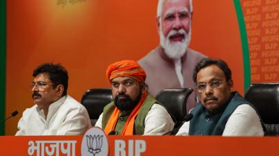 New Delhi: BJP National General Secretary Vinod Tawde with Bihar BJP President Samrat Choudhary addresses a press conference, in New Delhi, Monday, March 18, 2024. (PTI Photo/Atul Yadav)