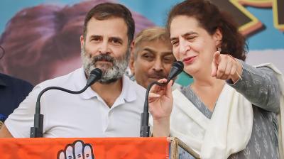 Raebareli: Congress leaders Rahul Gandhi and Priyanka Gandhi during a public meeting for Lok Sabha elections, at Maharajganj in Raebareli, Monday, May 13, 2024. (PTI Photo)