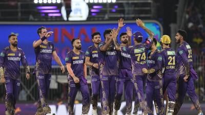 Chennai: Kolkata Knight Riders' Varun Chakravarthy celebrates with teammates the wicket of Sunrisers Hyderabad batter Shahbaz Ahmed during the Indian Premier League (IPL) 2024 final cricket match between Sunrisers Hyderabad and Kolkata Knight Riders at MA Chidambaram Stadium, in Chennai, Sunday, May 26, 2024. (PTI Photo/R Senthilkumar)