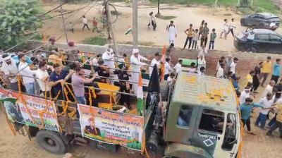 Jind: Mortal remains of Lance Naik Pradeep Nain being brought to his native village, in Jind, Haryana, Monday, July 8, 2024. Nain along with another Army soldier was martyred in an encounter with terrorists in J&K's Kulgam. (PTI Photo)