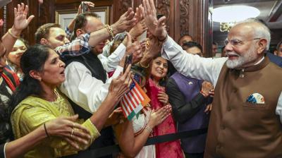 Wilmington: Prime Minister Narendra Modi being welcomed by members of the Indian community upon his arrival at a hotel, in Wilmington, USA, Saturday, Sept. 21, 2024. (PTI Photo)