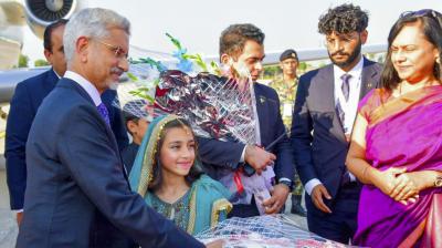 Islamabad: External Affairs Minister S. Jaishankar being welcomed upon his arrival in Islamabad, Pakistan, Tuesday, Oct. 15, 2024. Jaishankar will take part in SCO Council of Heads of Government Meeting. (PTI Photo)