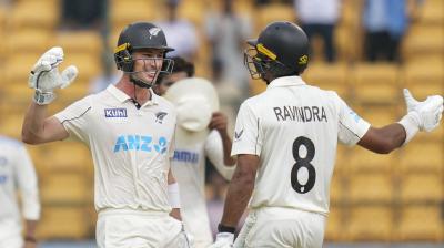 Bengaluru: New Zealand's Rachin Ravindra and Will Young celebrate after winning the first test cricket match between India and New Zealand at M Chinnaswamy Stadium, in Bengaluru, Sunday, Oct 20, 2024. (PTI Photo/Shailendra Bhojak)