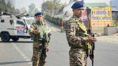 Ganderbal: Security personnel stand guard during a search operation on Srinagar-Ladakh highway following a terrorist attack, in Ganderbal district, Jammu & Kashmir, Monday, Oct. 21, 2024. A doctor and six labourers were killed in the terror attack on Sunday, according to officials. (PTI Photo)