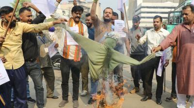 Jammu: People stage a protest against the killing of two Village Defence Guards by terrorists on Thursday, in Jammu, Friday, Nov. 8, 2024. (PTI Photo)