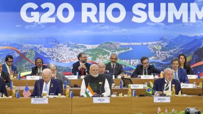 Rio de Janeiro: Prime Minister Narendra Modi with US President Joe Biden, President of Brazil Luiz Inacio Lula da Silva, Chinese President Xi Jinping, French President Emmanuel Macron and South African President Cyril Ramaphosa during the G20 Summit, in Rio de Janeiro, Brazil, Monday, Nov. 18, 2024. (PTI Photo)