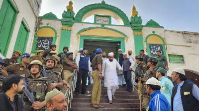Sambhal: Devotees leave after offering prayers at the Shahi Jama Masjid amid tight security, in Sambhal, Friday, Nov. 29, 2024. The Supreme Court on Friday directed a Sambhal trial court to temporarily halt proceedings in the case over the Mughal-era Shahi Jama Masjid and its survey at Chandausi while directing the UP government to maintain peace and harmony in the violence-hit town. (PTI Photo) 