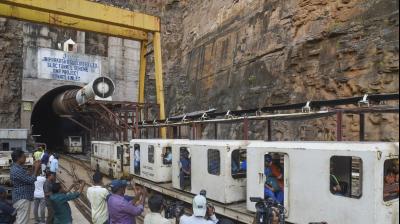 Nagarkurnool: Rescue operation underway to extricate eight persons who have remained trapped for over 30 hours inside a tunnel after a section of it collapsed in the SLBC project, in Nagarkurnool district, Telangana, Sunday, Feb. 23, 2025. (PTI Photo)
