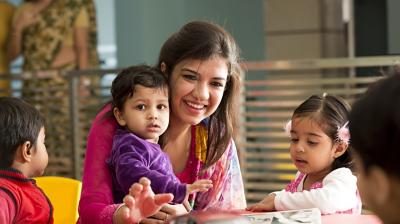 Parents take care of child