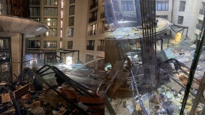 World's largest freestanding cylindrical aquarium bursts in Berlin