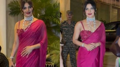 Priyanka Chopra's beautiful look in a magenta saree at her brother's wedding function
