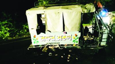 Auto rickshaw damaged during accident.
