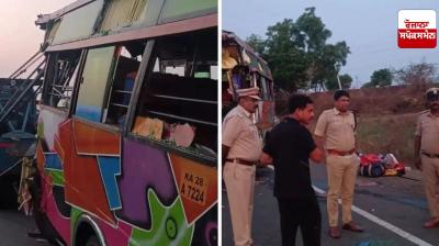 Karnataka Minibus and parked truck collide