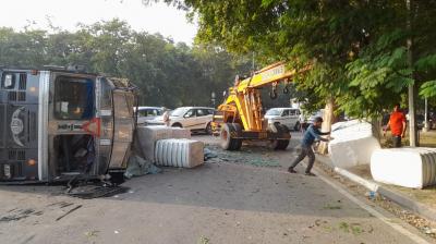 Truck overturned at Chandigarh's Medical College Chowk